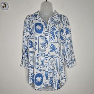 Calypso St. Barth Linen Blend Blue White Button Down Blouse Italy Greece Print